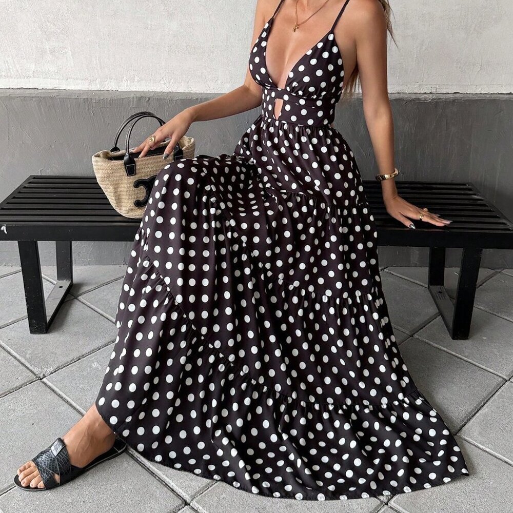 Black And White Boho Women's Loose Polka Dot Spaghetti Strap Patchwork Hem Dress
